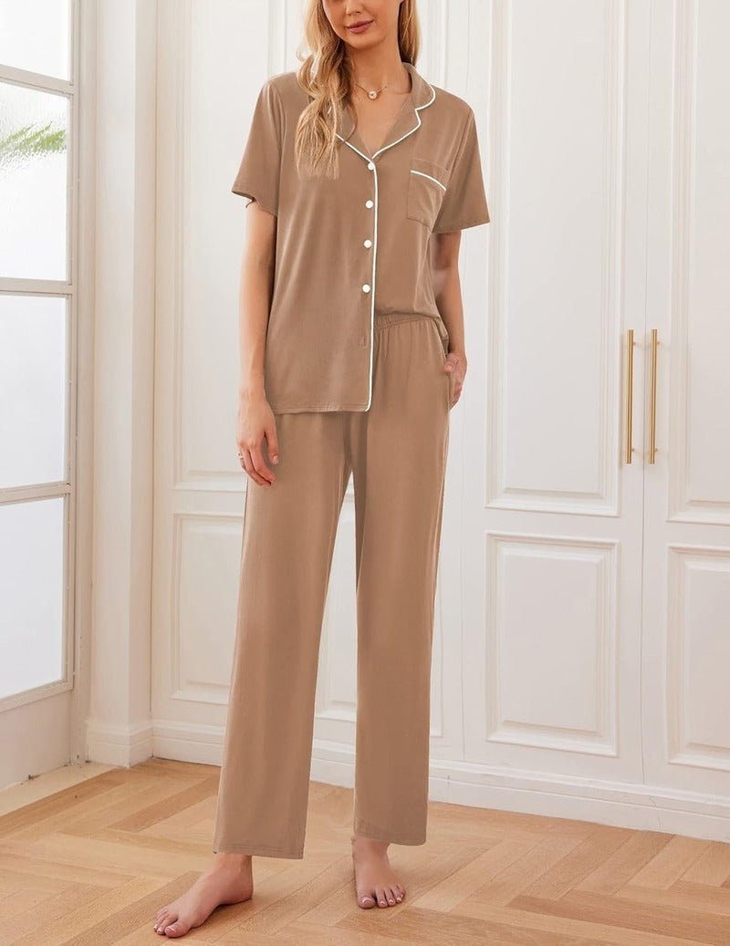 Beige/brown short-sleeve button pajama set with contrast trim; matching trousers