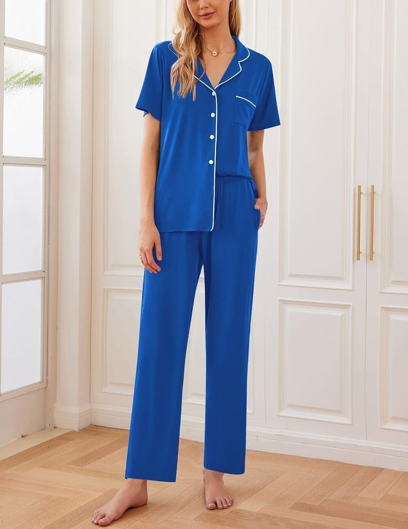 Bright blue short-sleeve button pajama set with contrast piping and long pants