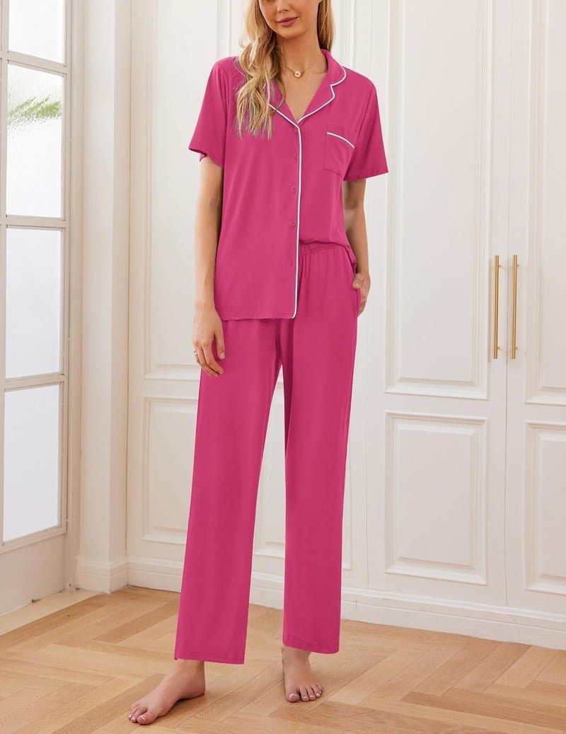 Rose pink short-sleeve button pajama set with contrast piping; matching long trousers