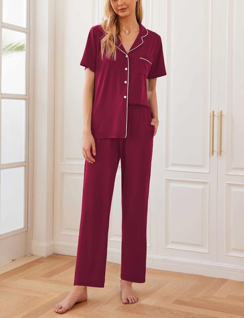 Wine red short-sleeve button pajama set with contrast piping and long pants