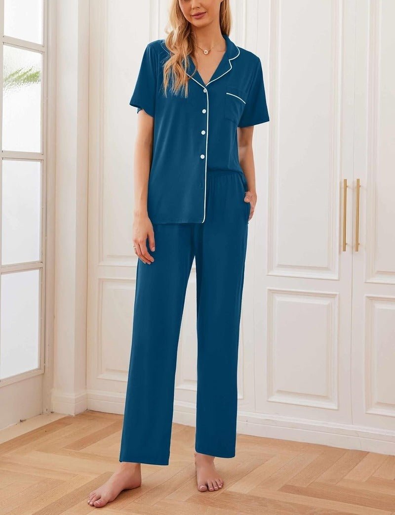 Ekouaer Teddy Cool pajama set, teal/blue short-sleeve button top and matching long pants