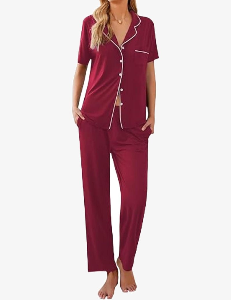 Burgundy/red pajama set with short-sleeve button-front top and matching long pants