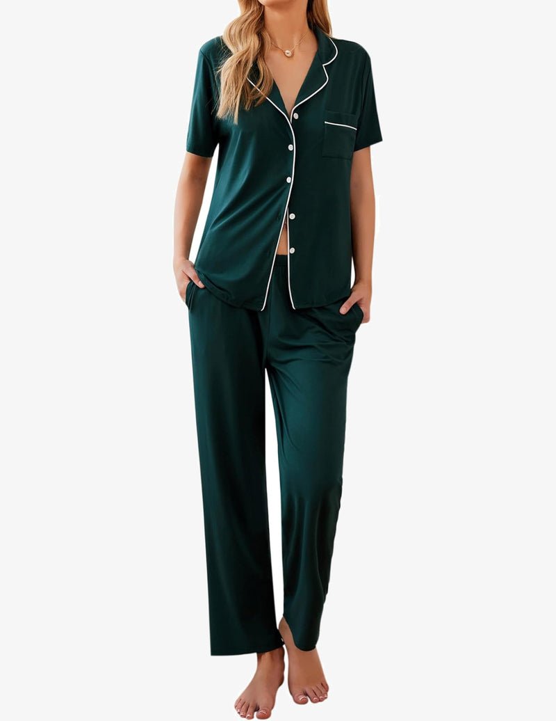 Dark green pajama set with short-sleeve button-front top and matching long pants