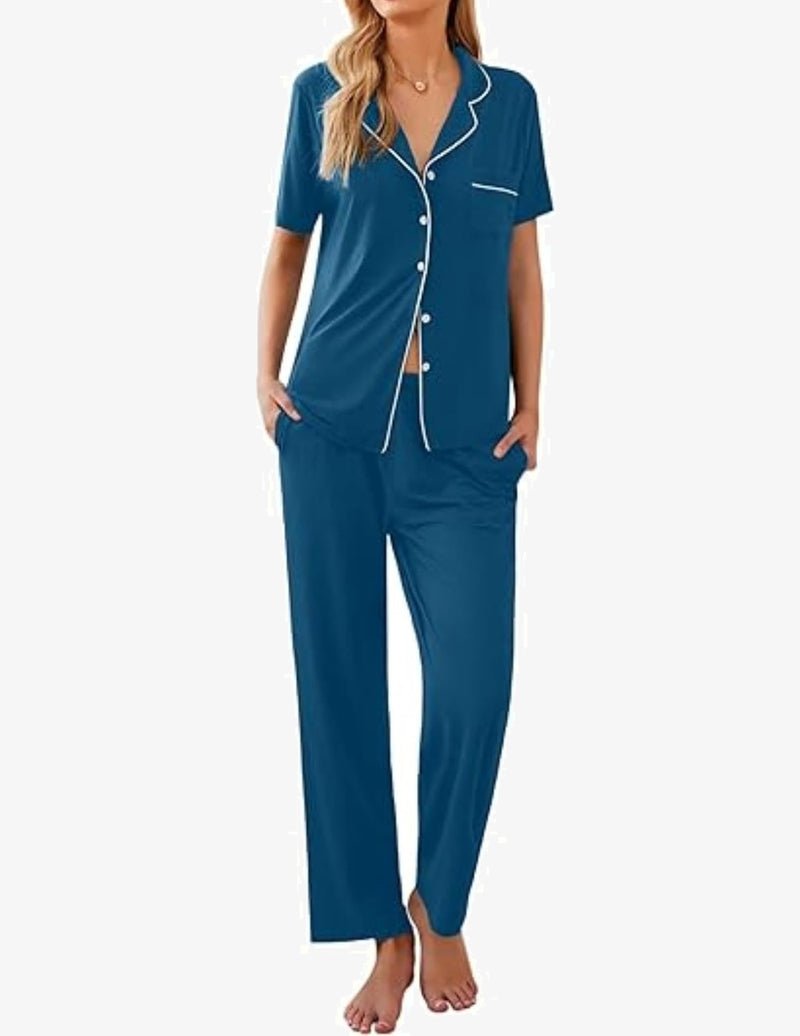 Teal-blue pajama set with short-sleeve button-front top and matching long pants