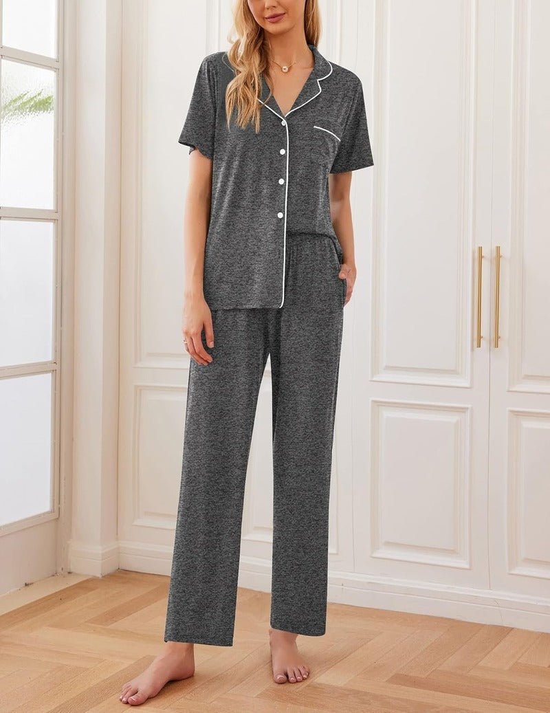 Dark gray short-sleeve pajama shirt and long pants with contrast piping
