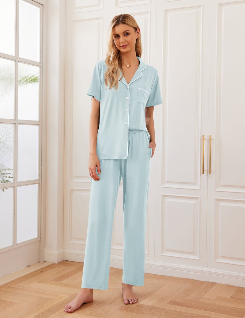 Ice blue pajama set with short sleeves, button-up top, and wide-leg pants