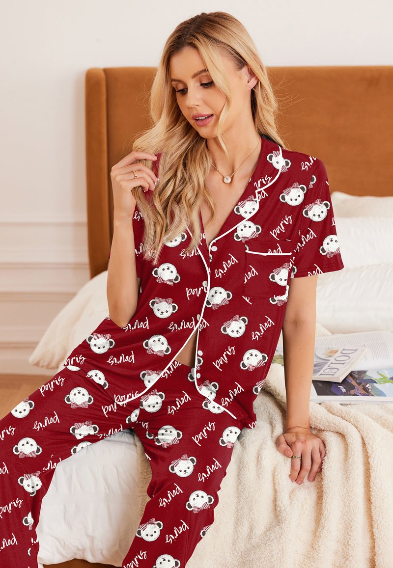 Wine red teddy pajama set with button front and matching long pants