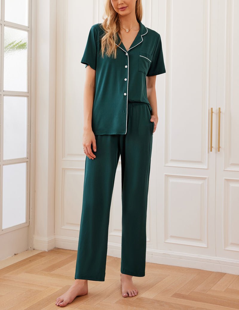 Green short-sleeve pajama set with button front and matching long pants