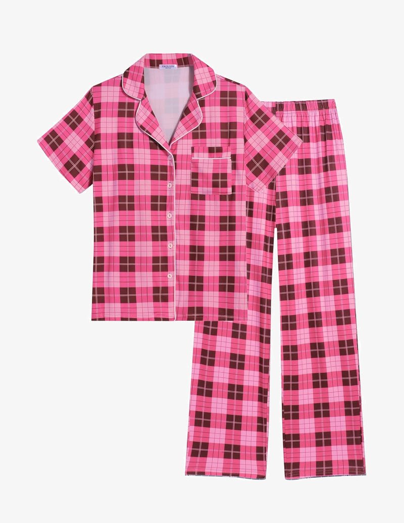 Pyjama set in pink plaid, short-sleeve button shirt and long pants