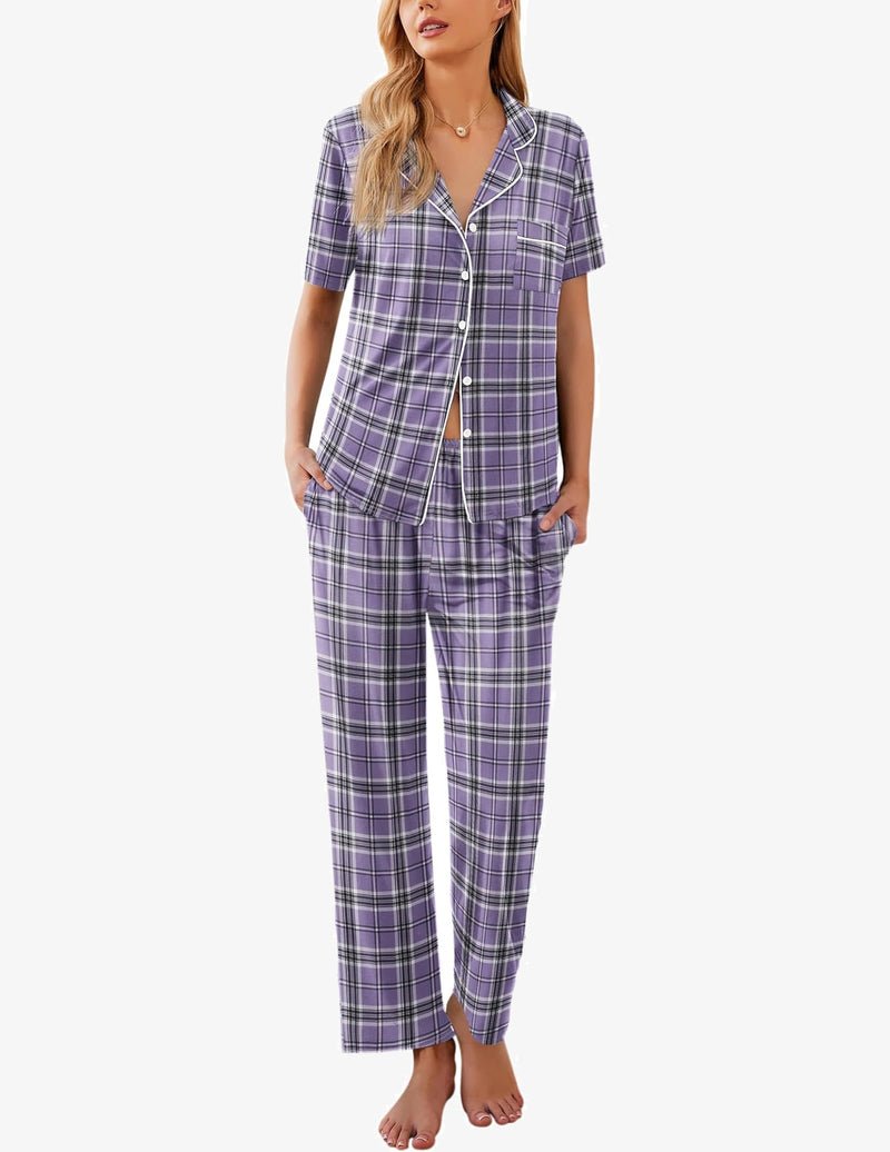 Pyjama set in purple plaid, short-sleeve button shirt and long pants