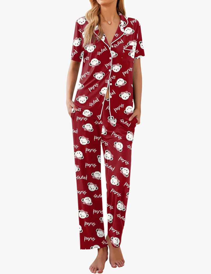 Pyjama set in wine red with teddy-face print, short-sleeve button top and long pants