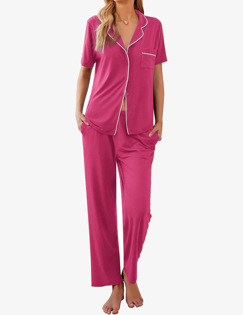 Fuchsia/magenta pajama set with short-sleeve button-front top and matching long pants
