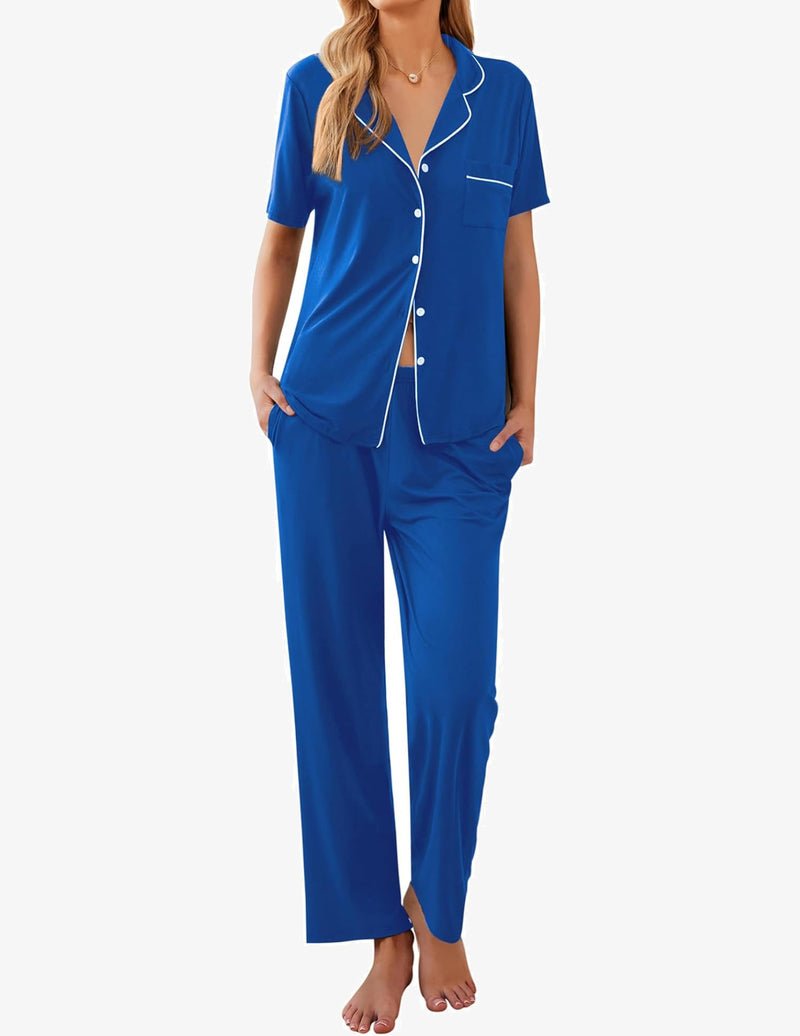 Royal blue pajama set with short-sleeve button-front top and matching long pants