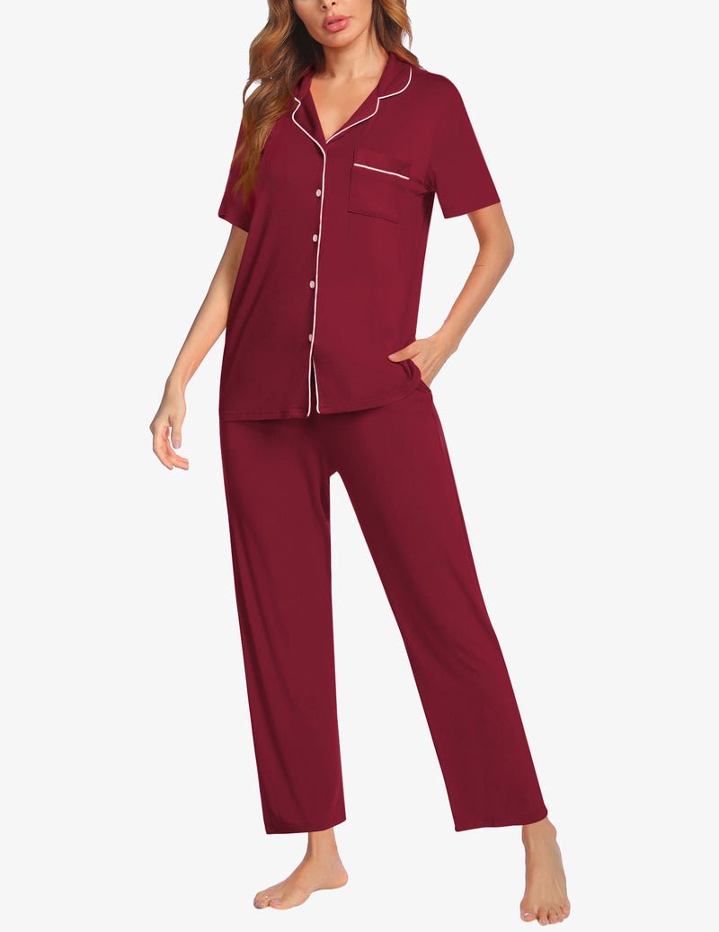 Pyjama set in wine red, short-sleeve button shirt and straight long pants
