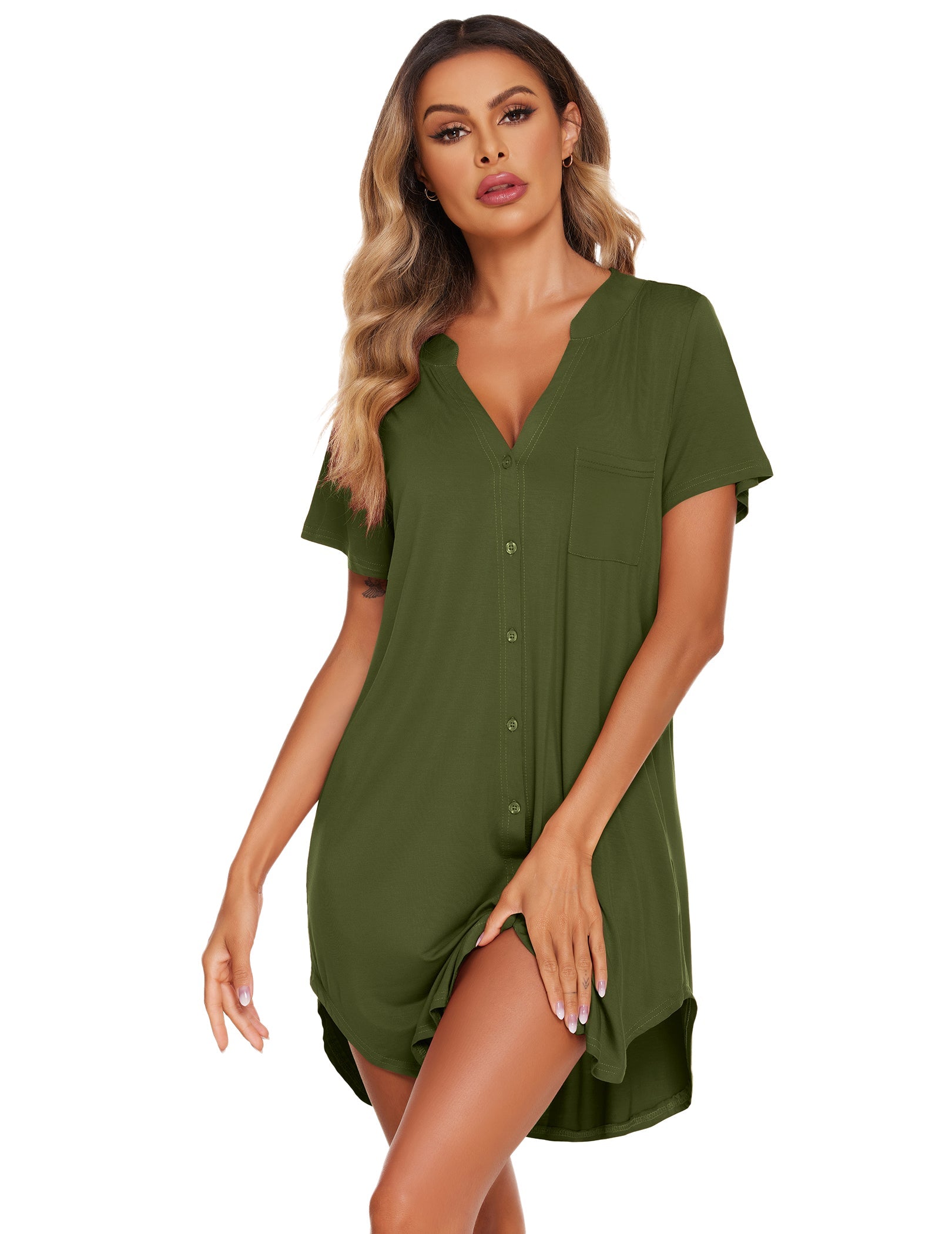 Teddy nightgown with V-neck, button front, short sleeves, chest pocket (army green).
