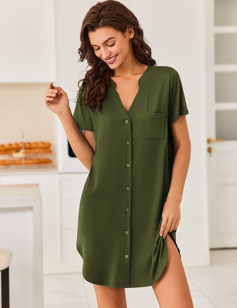 Army green V-neck button nightgown with chest pocket and side slit