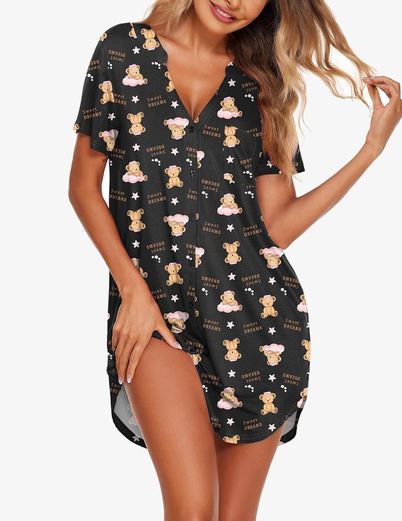Black V-neck button nightgown with teddy bear and star pattern, short sleeves