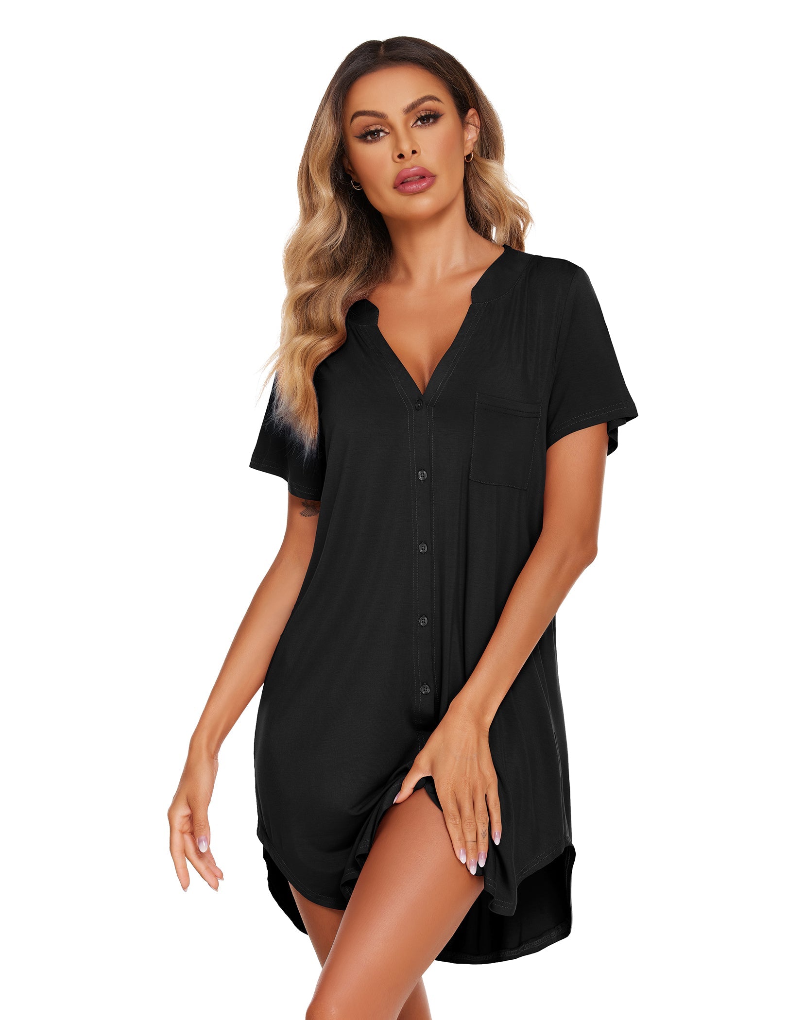 Teddy nightgown with V-neck, button front, short sleeves, chest pocket (black).