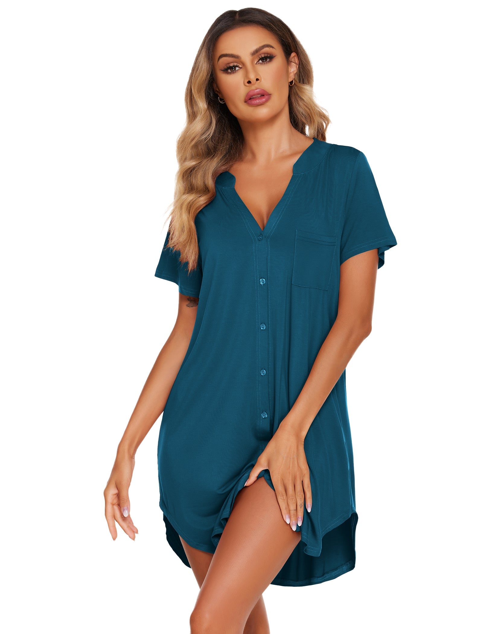 Teddy nightgown with V-neck button front and short sleeves, chest pocket (blue teal).
