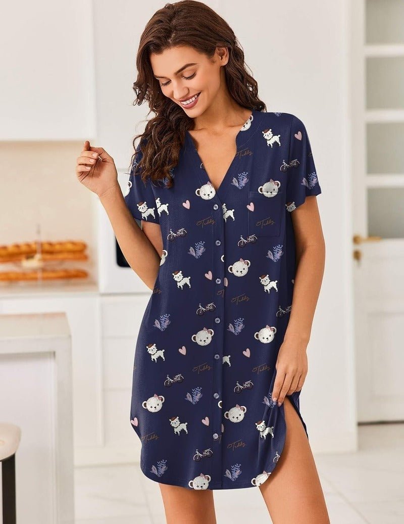 Navy teddy nightgown with V-neck, short sleeves, front buttons, allover cute animal print.