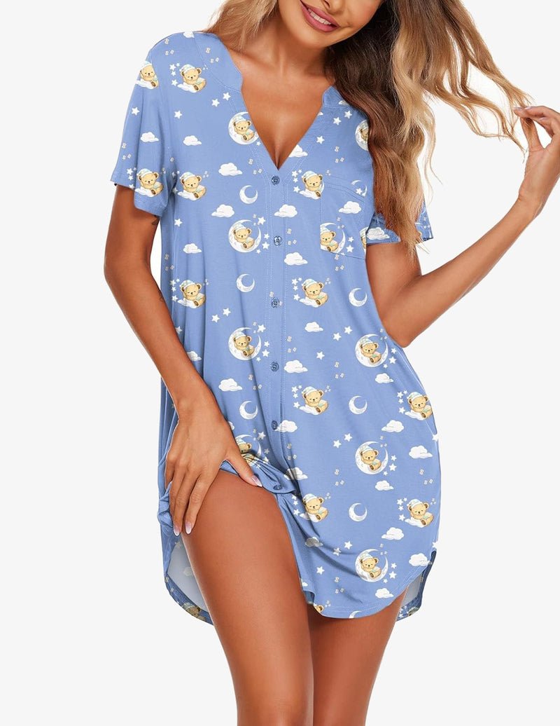 Light blue short-sleeve teddy sleep dress with V-neck and front buttons, moon-and-cloud pattern.