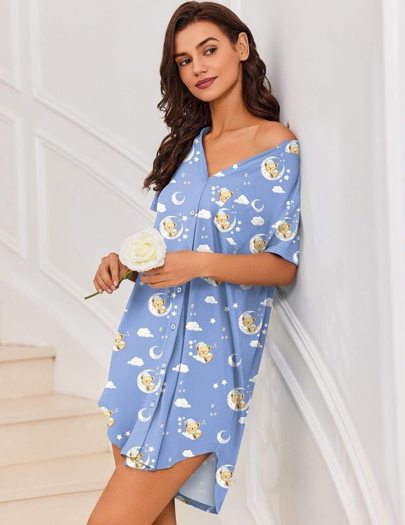 Light blue teddy nightgown, V-neck button-front with short sleeves and whimsical bear print.