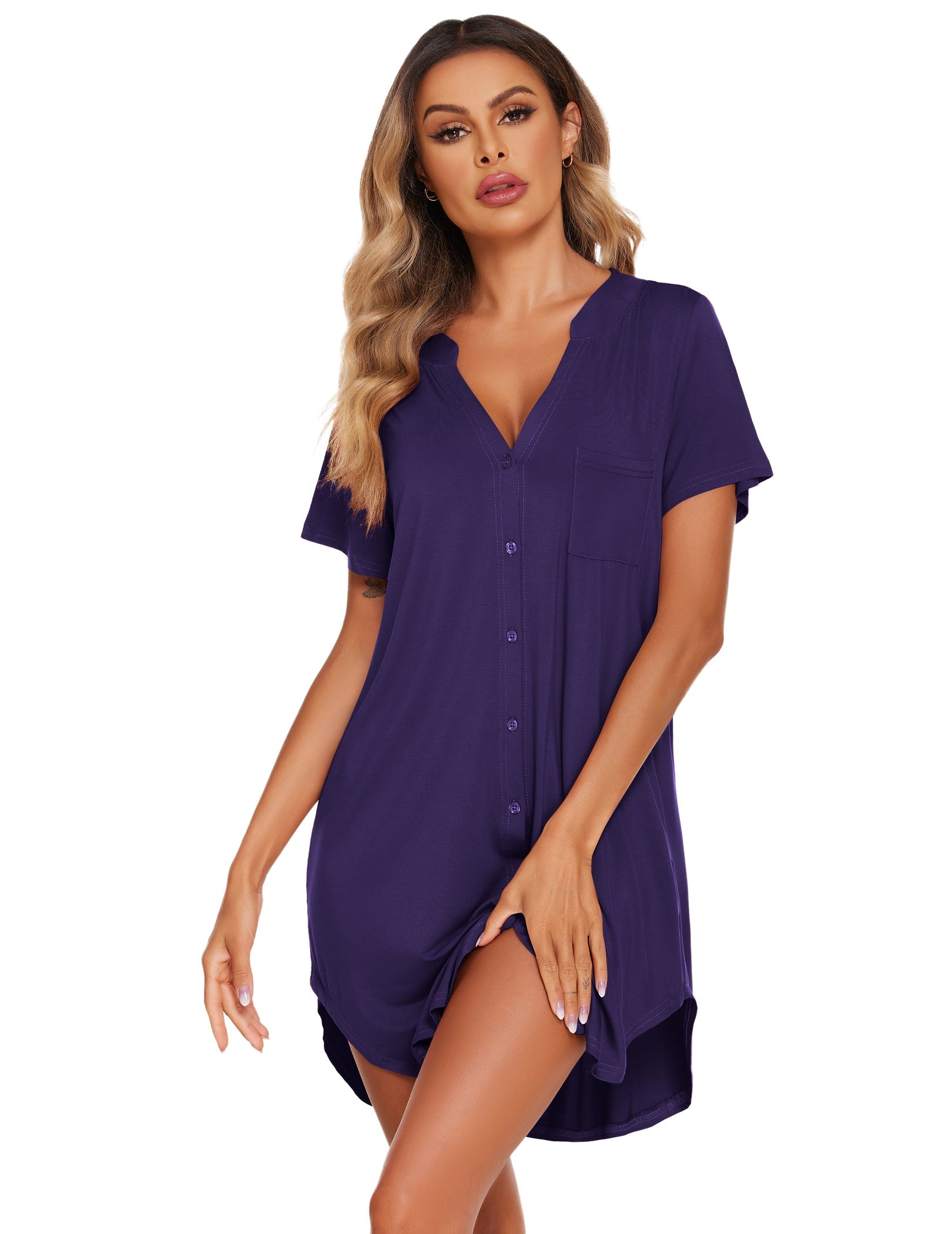 Teddy nightgown with V-neck button front, short sleeves, chest pocket (purple).