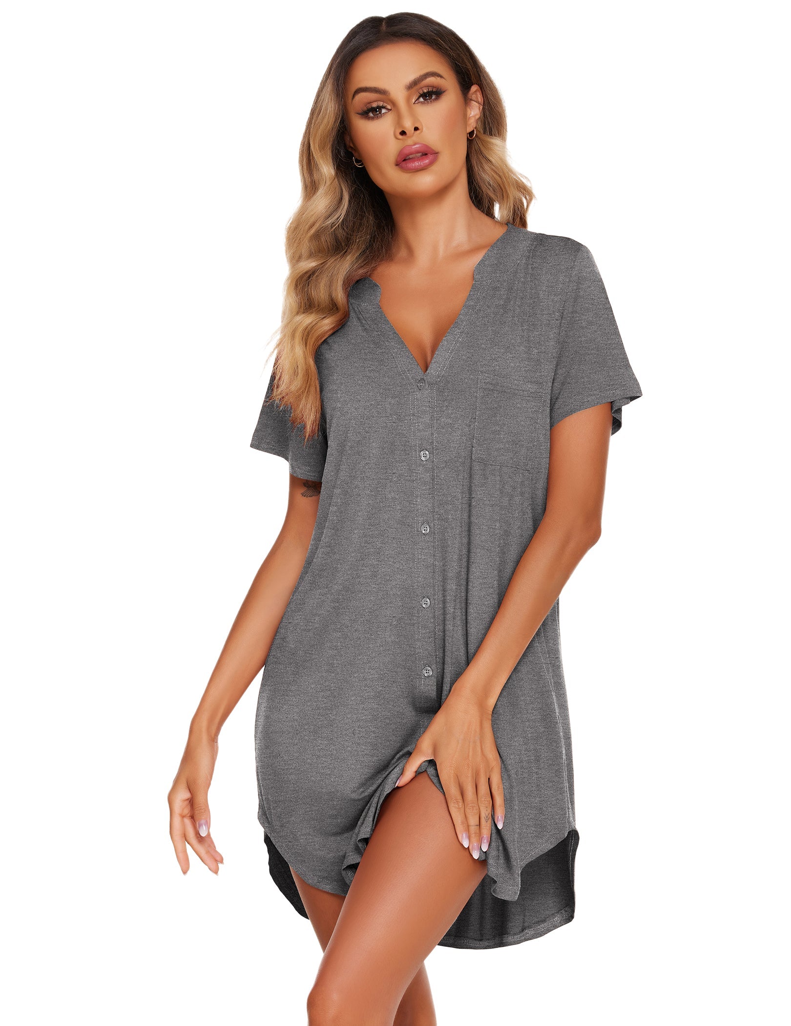 Teddy nightgown with V-neck, button front, short sleeves, chest pocket (dark gray).