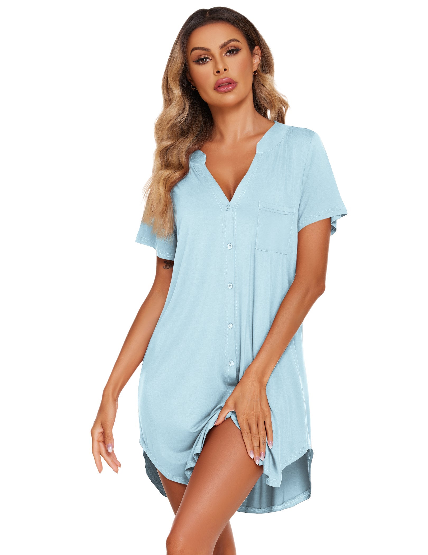 Light blue V-neck button nightgown with chest pocket and side slit