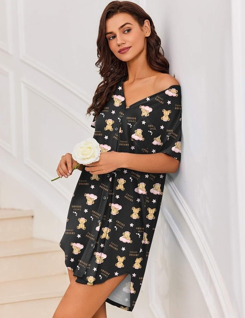 Black off-shoulder teddy bear and star print nightgown with button front