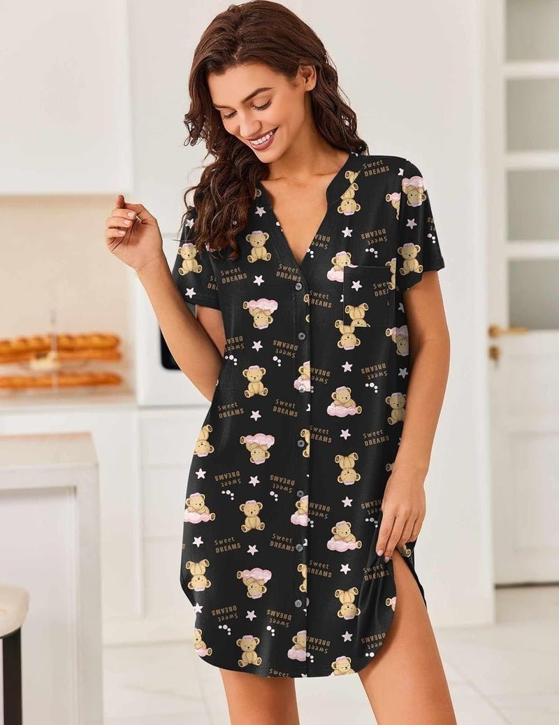 Black teddy bear sleep dress with V-neck, button front, allover print