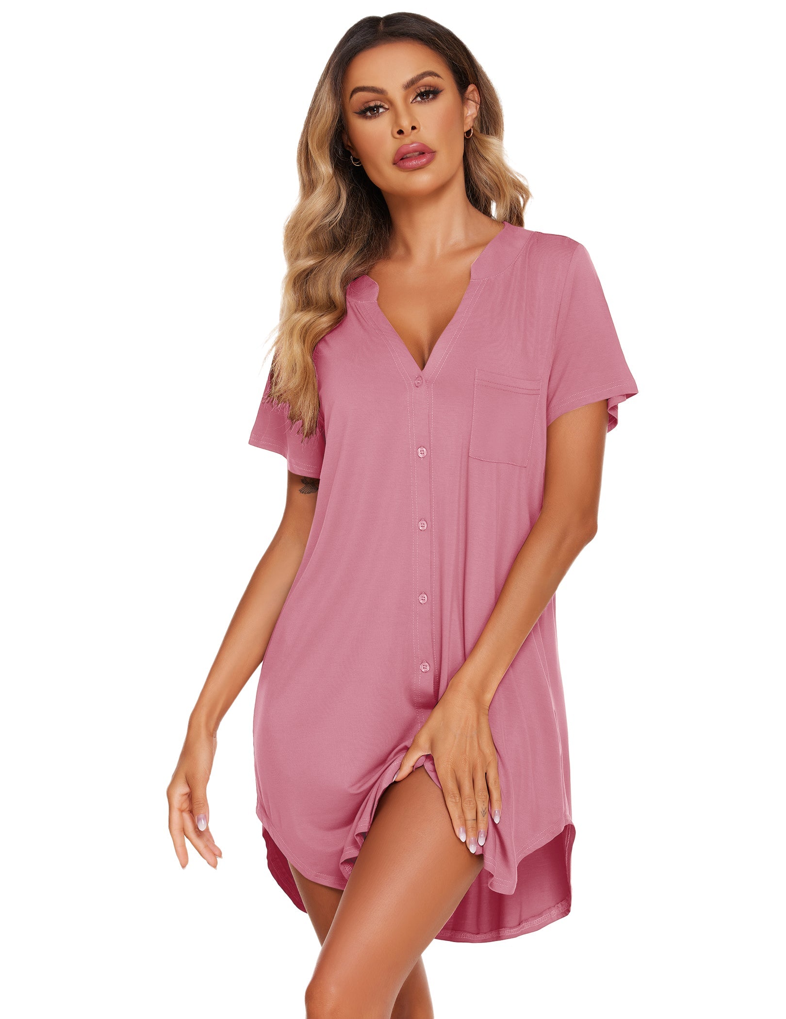 Teddy nightgown with V-neck, button front, short sleeves, chest pocket (dusty pink).