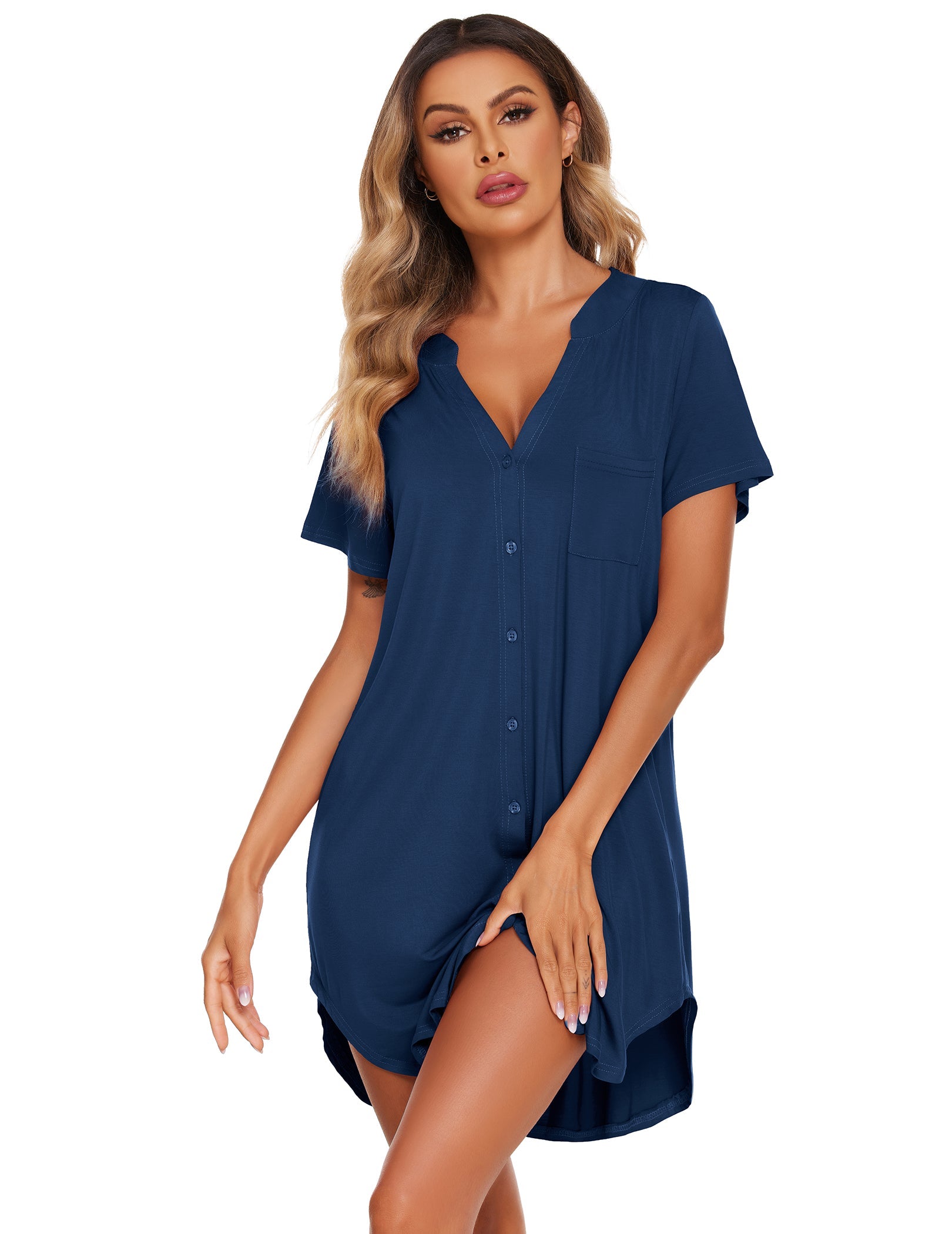 Teddy nightgown with V-neck and button front, short sleeves, side-split hem (navy blue).