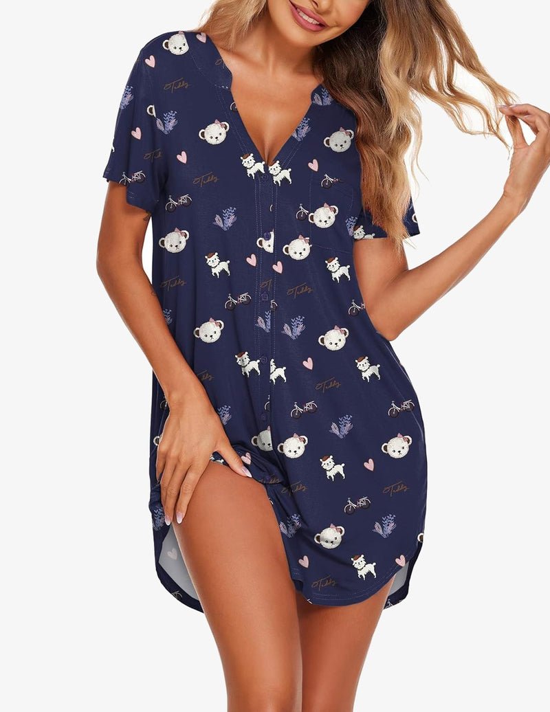 Navy V-neck button-front teddy nightgown with short sleeves, above-knee length, playful print.