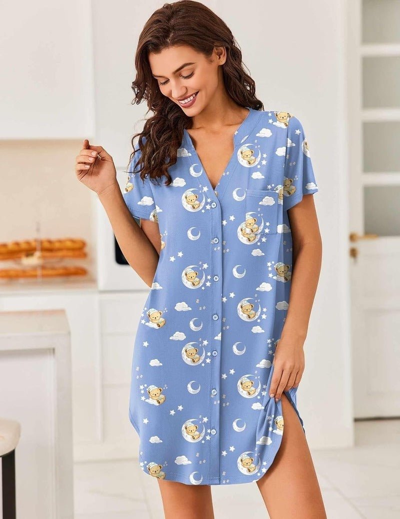 Light blue teddy nightgown with V-neck, short sleeves, button-front, bears, moons, clouds print.
