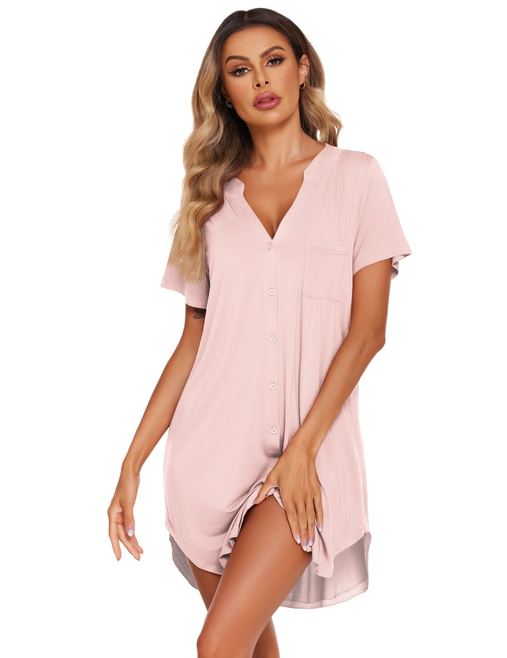 Teddy nightgown with V-neck button front, short sleeves, chest pocket (light pink).