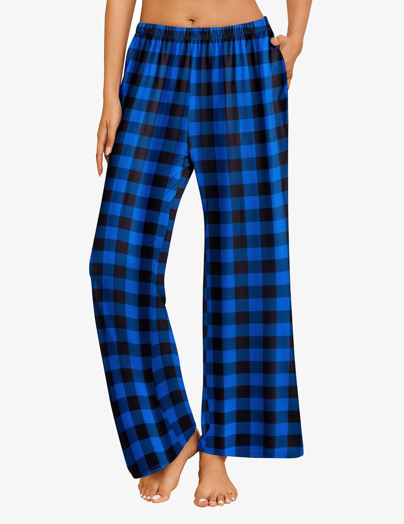 Blue and black plaid teddy pajama pants, wide-leg style with elastic waistband