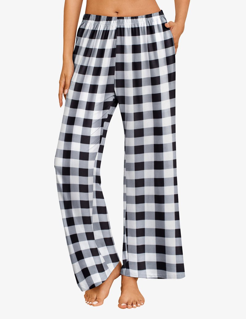 Black and white check teddy pajama pants, wide-leg fit with elastic waist