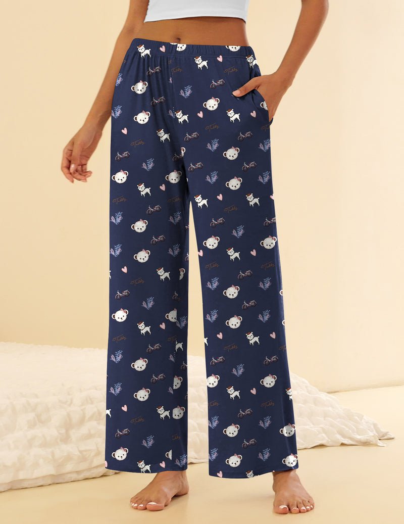 Navy Teddy-Print Schlafhose mit weitem Bein, elastischer Taille und offenen Säumen
