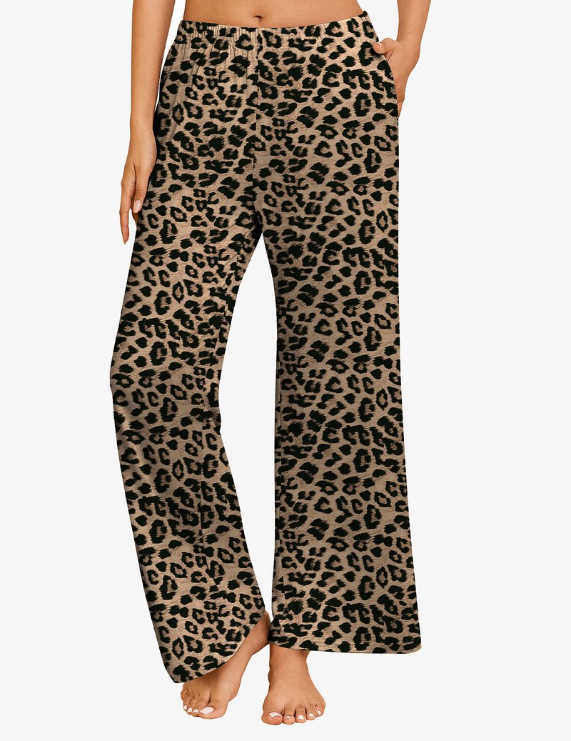 Leopardmuster Schlafhose mit weitem Bein, elastischer Bund in Dunkelbeige und Schwarz