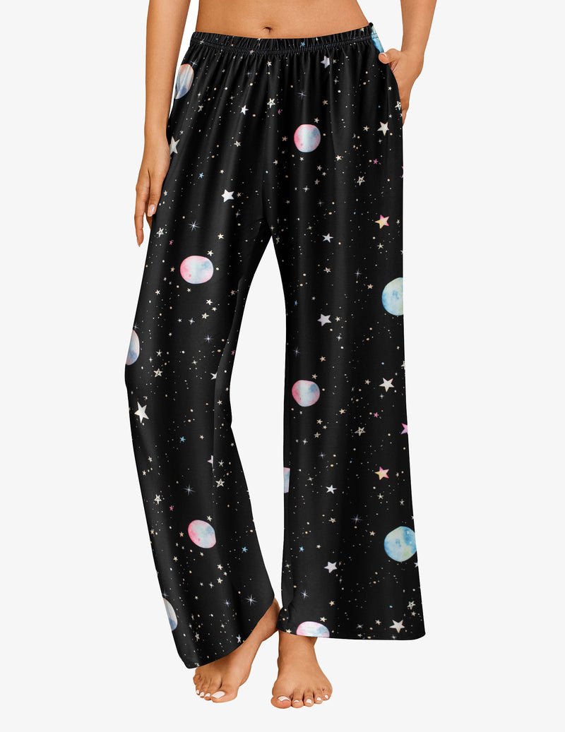 Black space-print teddy pajama pants, wide-leg with elastic waistband