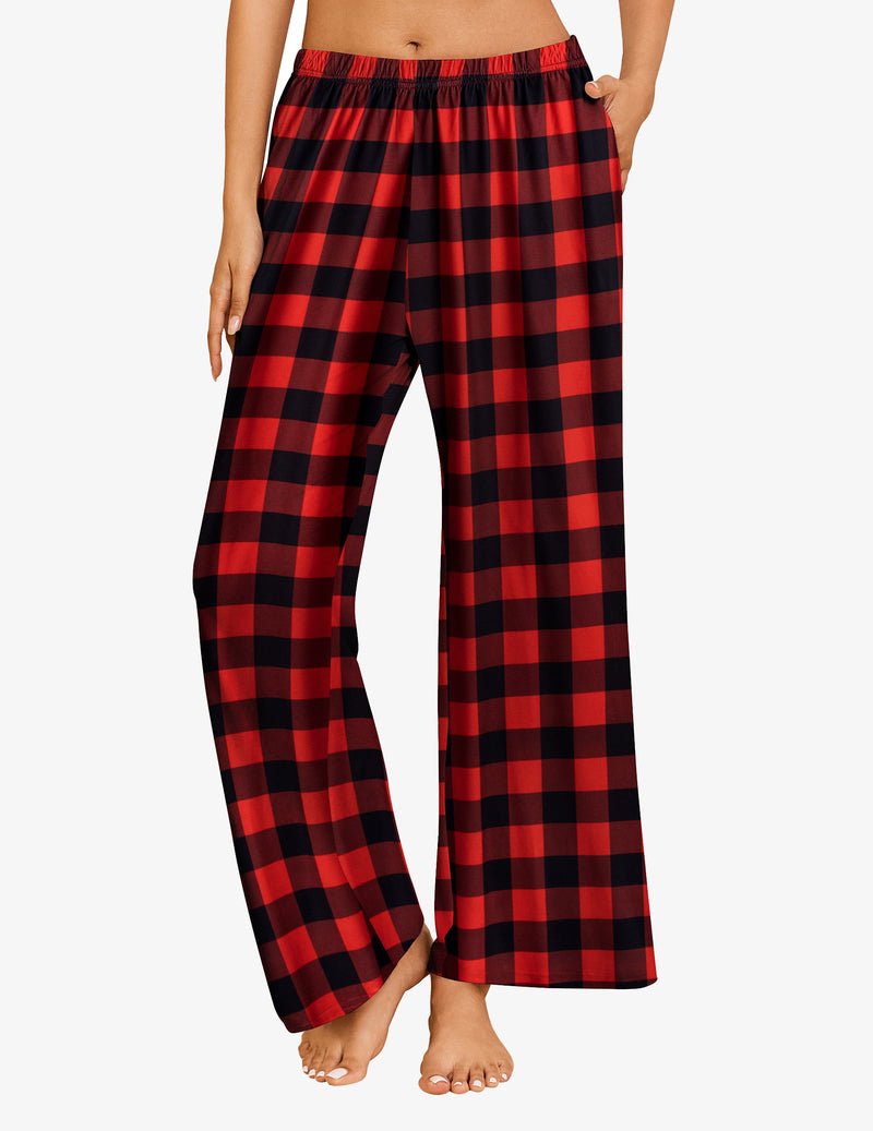 Red and black plaid teddy pajama pants, wide-leg with elastic waistband