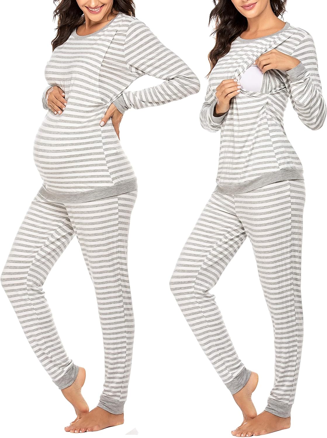 Gray striped long-sleeve maternity pajama set with matching elastic-waist pants