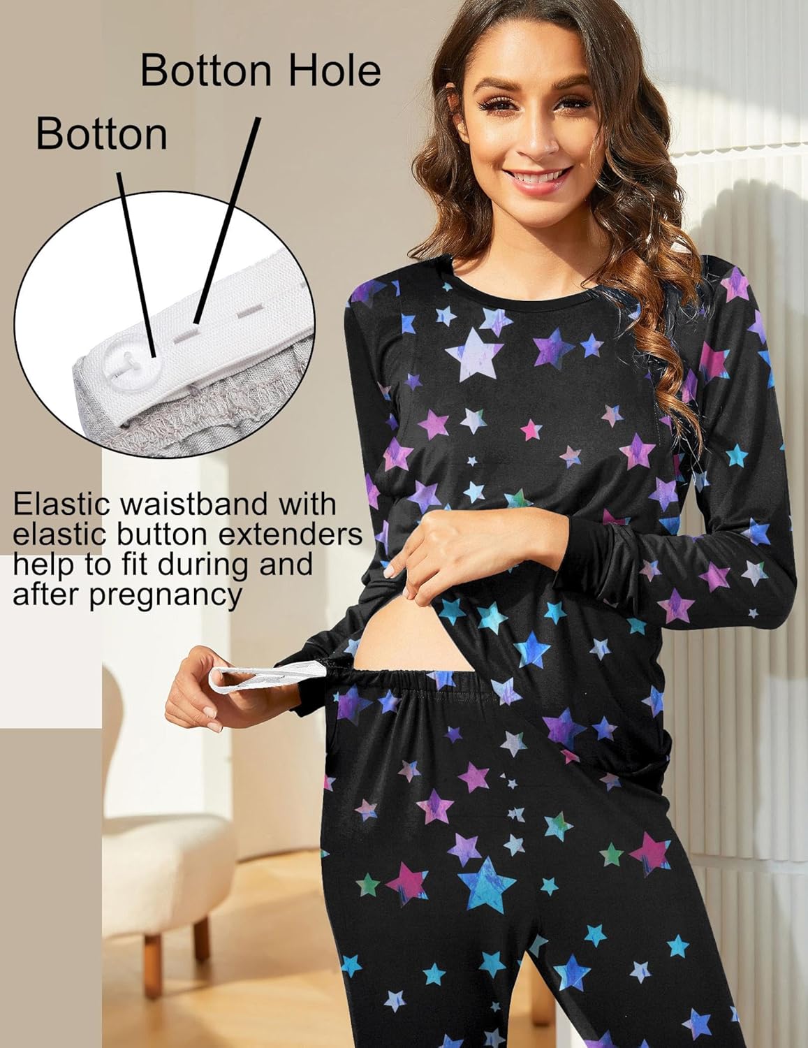 Black star-print maternity pajama set with elastic waistband button extenders