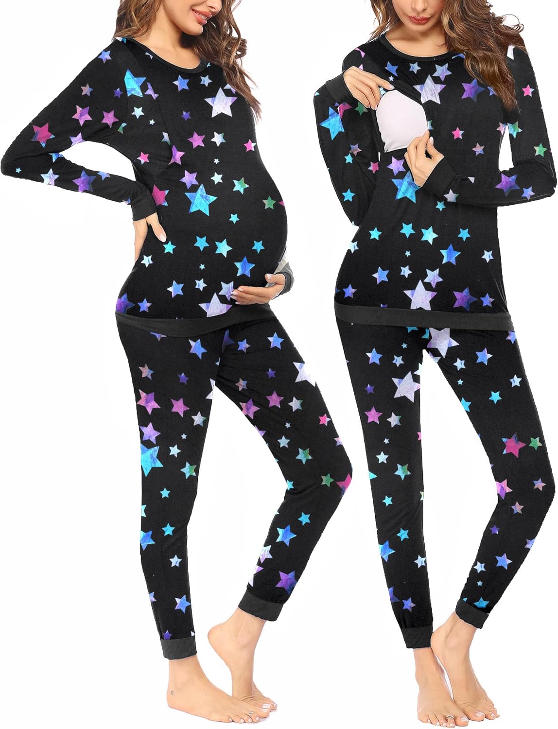 Black maternity pajama set with colorful star print, long sleeves and ankle-length pants