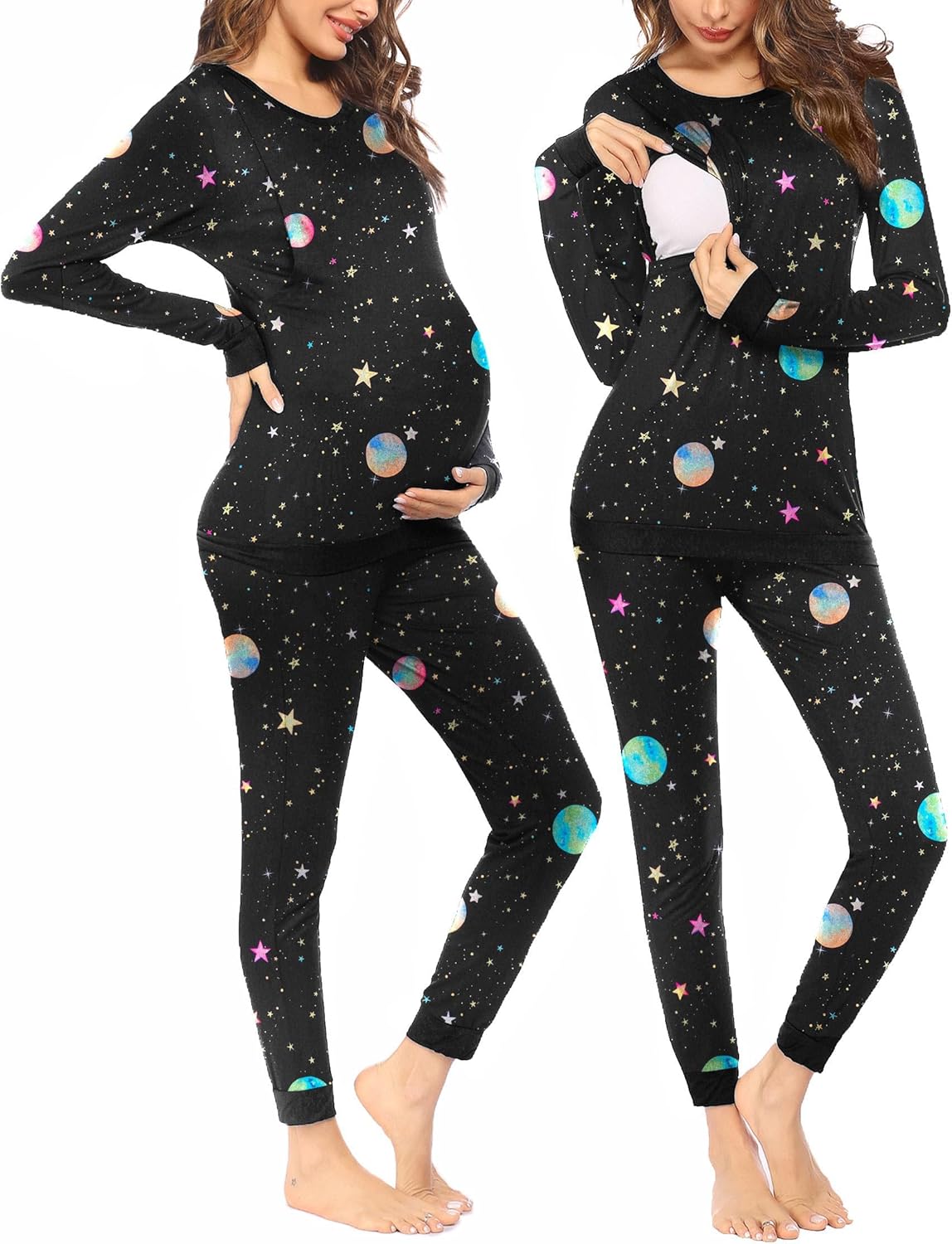 Maternity pajama set, black long-sleeve top and pants with star and planet print