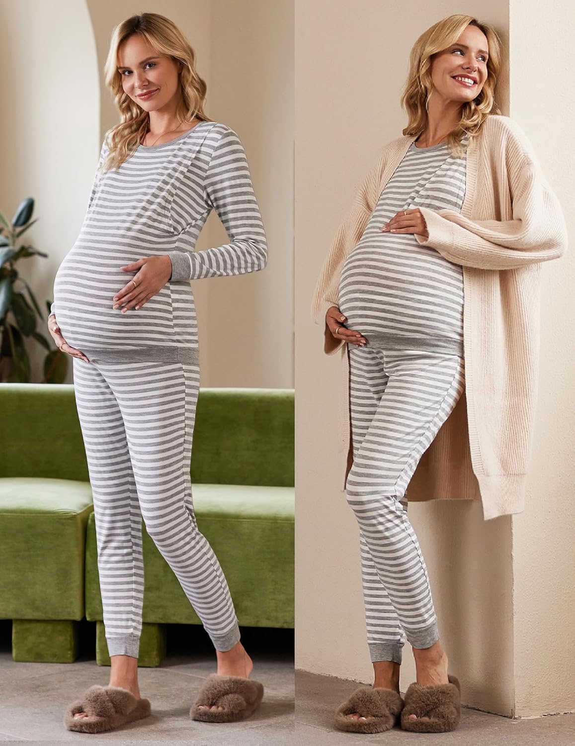 Maternity long-sleeve pajama set, light gray/white stripes, full-length pants