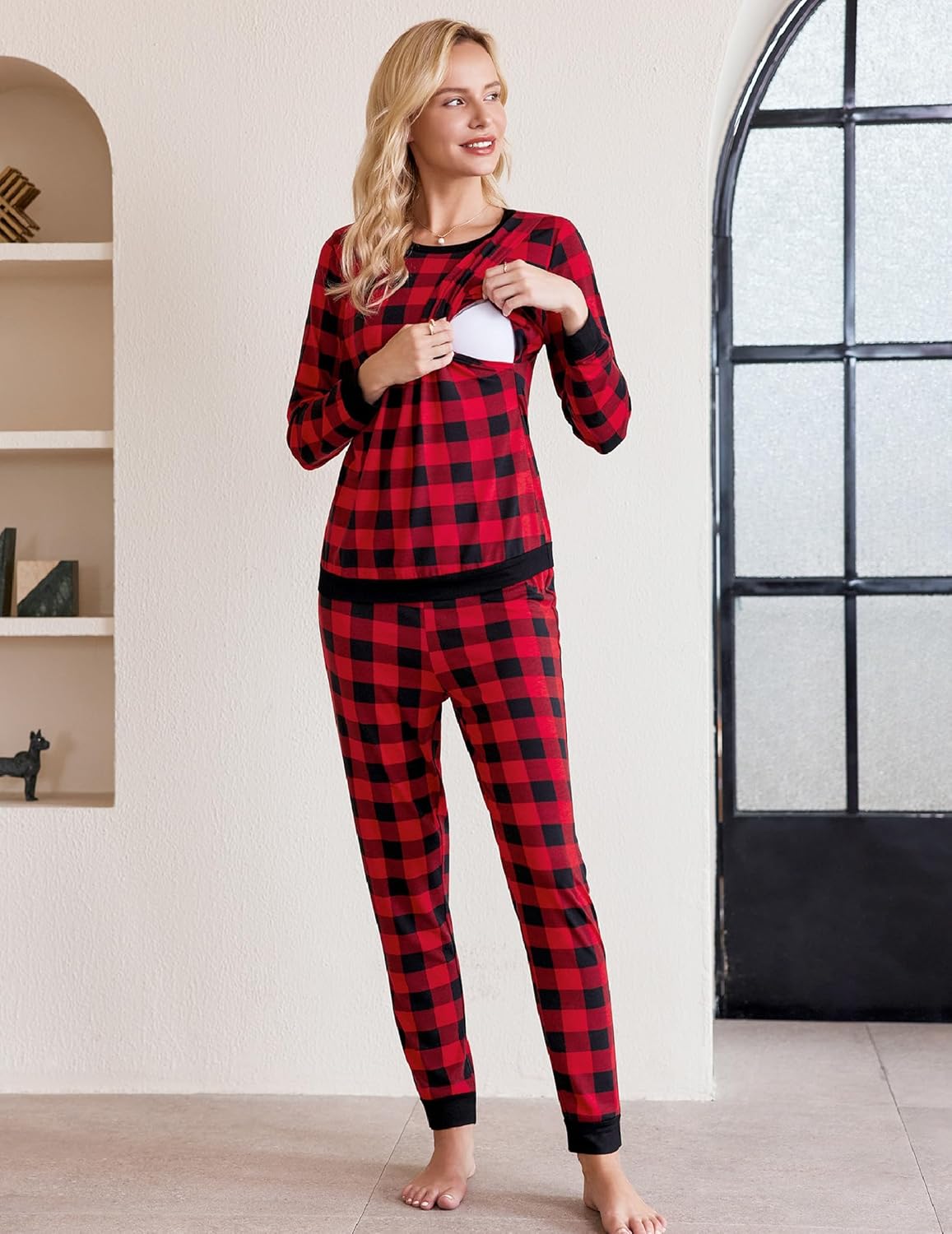 Maternity pajama set in red-and-black buffalo plaid, long sleeves and full-length pants