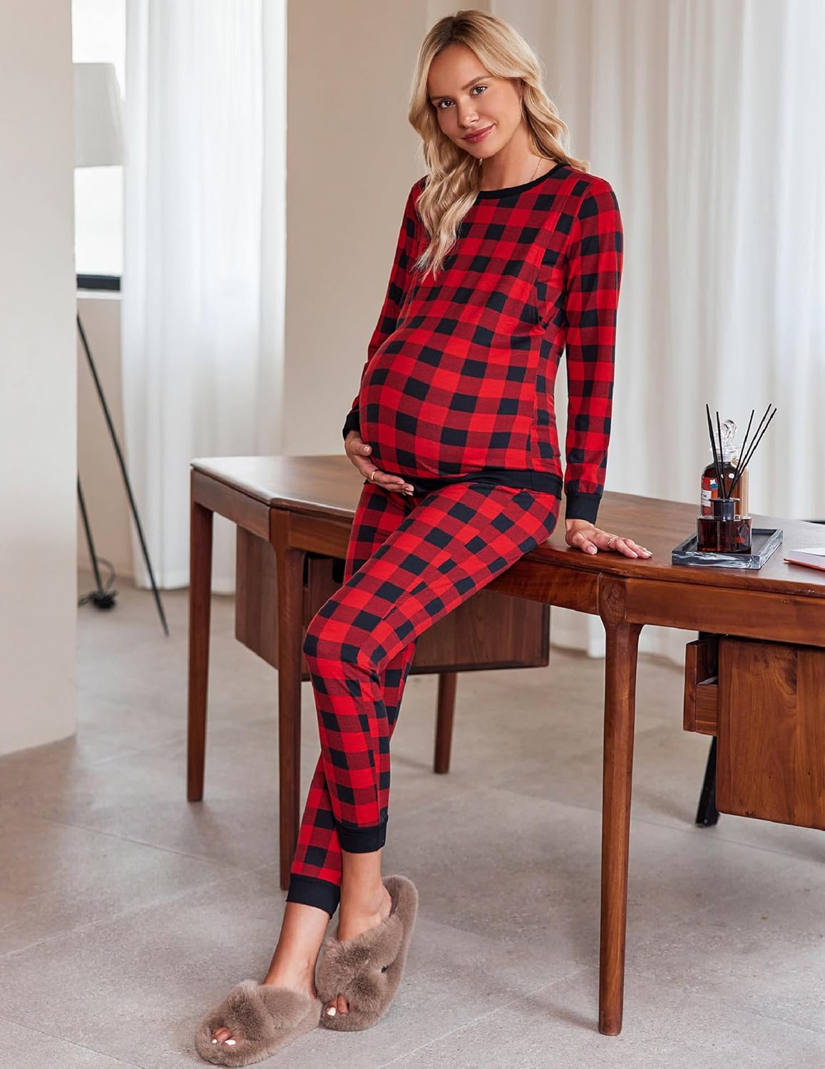 Maternity pajama set, red and black buffalo plaid long-sleeve top with matching pants
