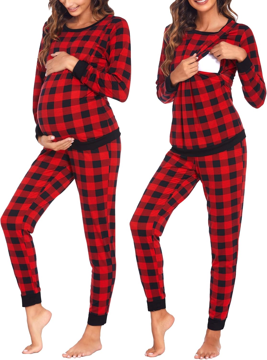 Red and black buffalo-plaid long-sleeve maternity pajama set with elastic-waist pants